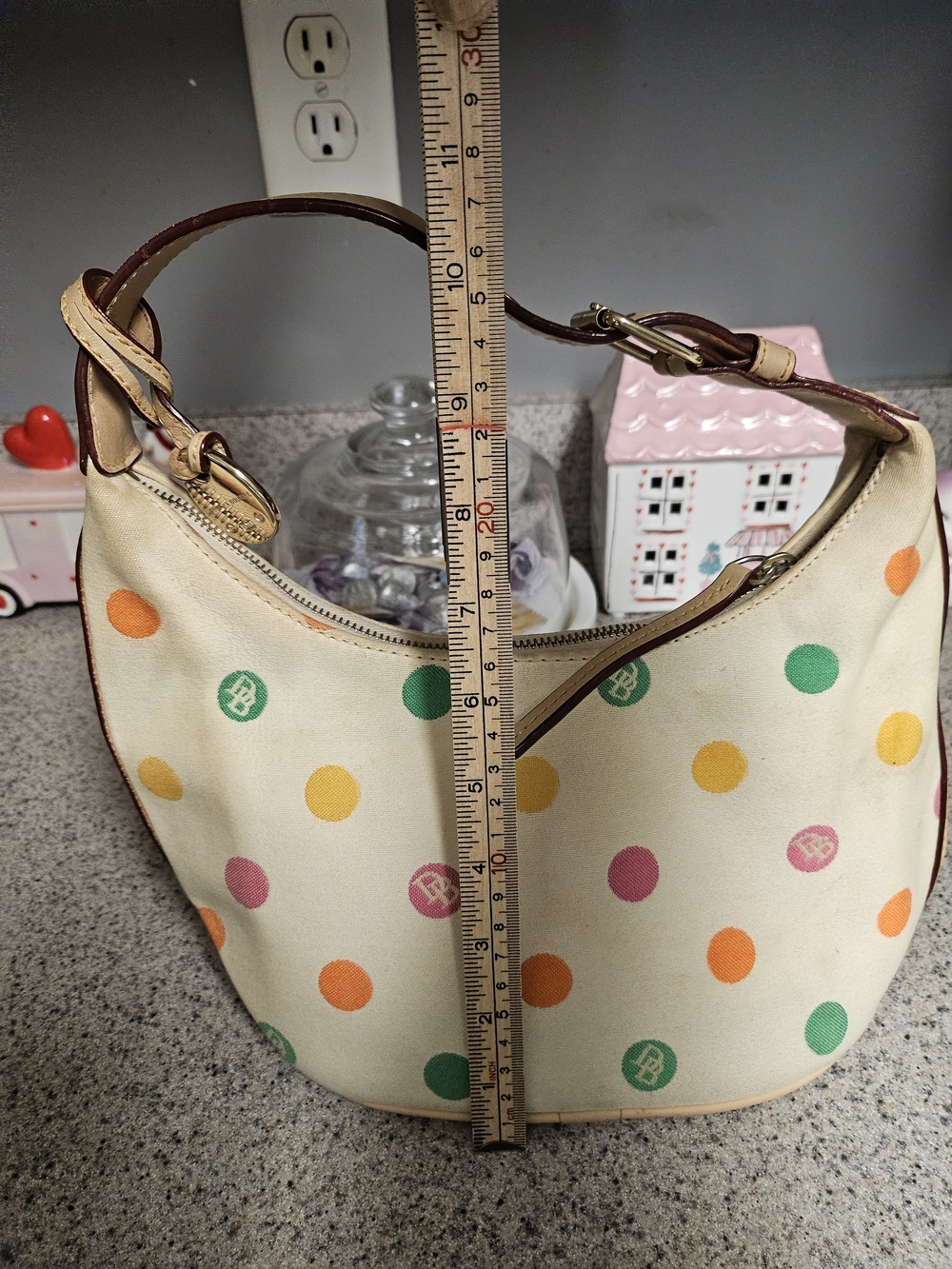 Dooney & Bourke Cream Shoulder Bag with Multicolor Polka Dots - Picture 14 of 16